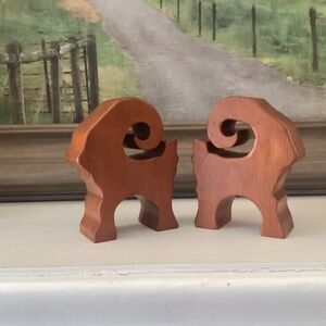 Vintage Handcrafted Wooden Rams Goats Bookends Figurines Artist Signed FLAW